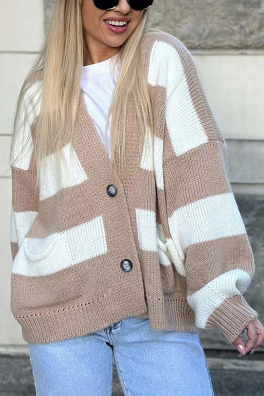 V-neck Long-sleeved Striped Pocket Knitted Cardigan
