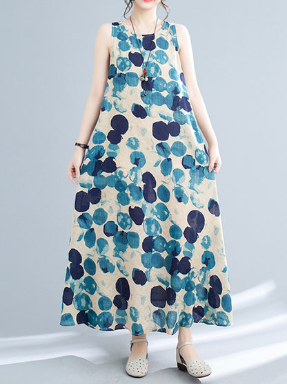 Loose Sleeveless Polka-dot Round-neck Maxi Dresses