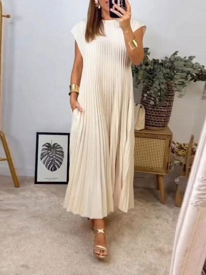 A-line High Waisted Pleated Pockets Color Split-joint Round-neck Maxi Dresses