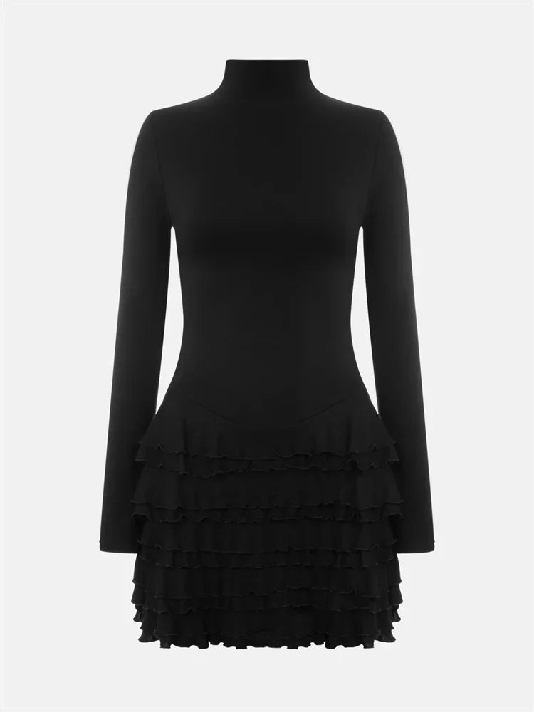 Black Ruffled Mini Dress ’s Long Sleeve Skinny High Waist Patchwork Dress Female Autumn Party Dress New