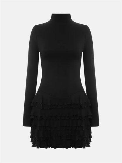 Black Ruffled Mini Dress ’s Long Sleeve Skinny High Waist Patchwork Dress Female Autumn Party Dress New