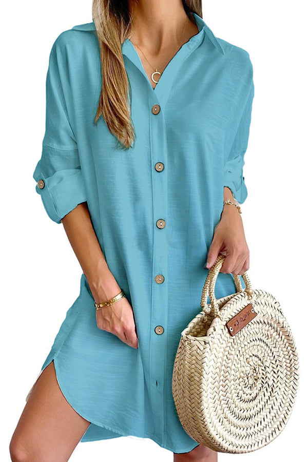Color Button-down Shirt Style Mini Dress