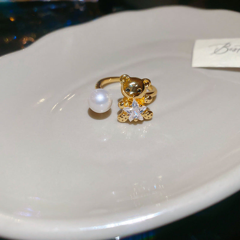 Whimsical Pearl Bear Ring