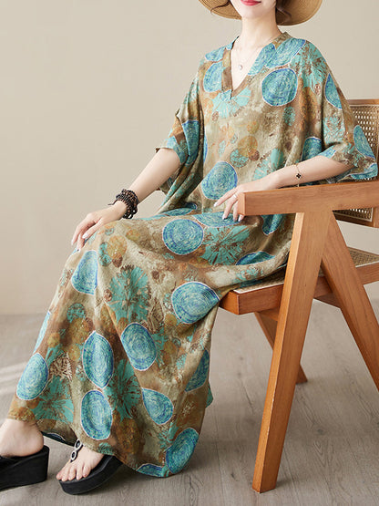 Loose Short Sleeves Printed V-neck Maxi Dresses