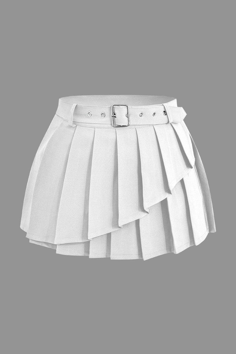 Color Y2k Buckle Layer Pleated Mini Skirt