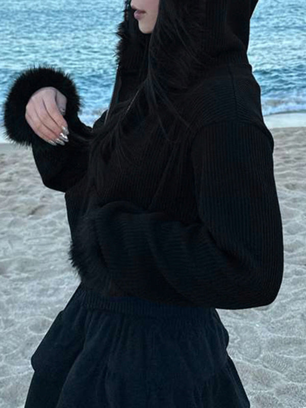 Y2k Black Versatile Color Corduroy Plush Cardigan