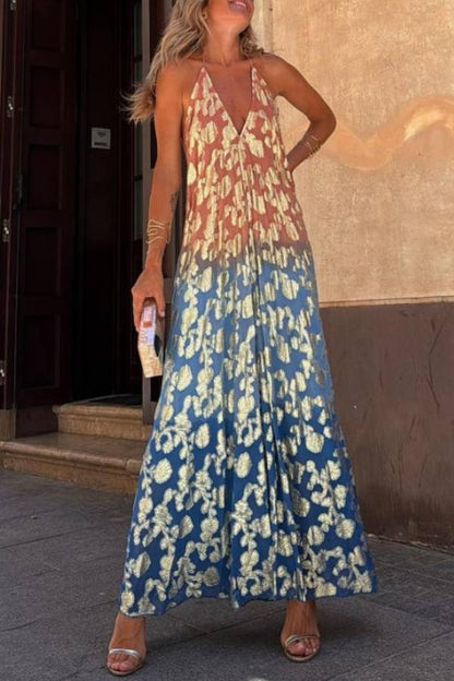 Bianca Tie-dye Ombre Gold Print A-line Halterneck Maxi Dress