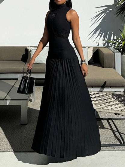 Bodycon Sleeveless Hollow Pleated Color Split-joint Mock Neck Maxi Dresses