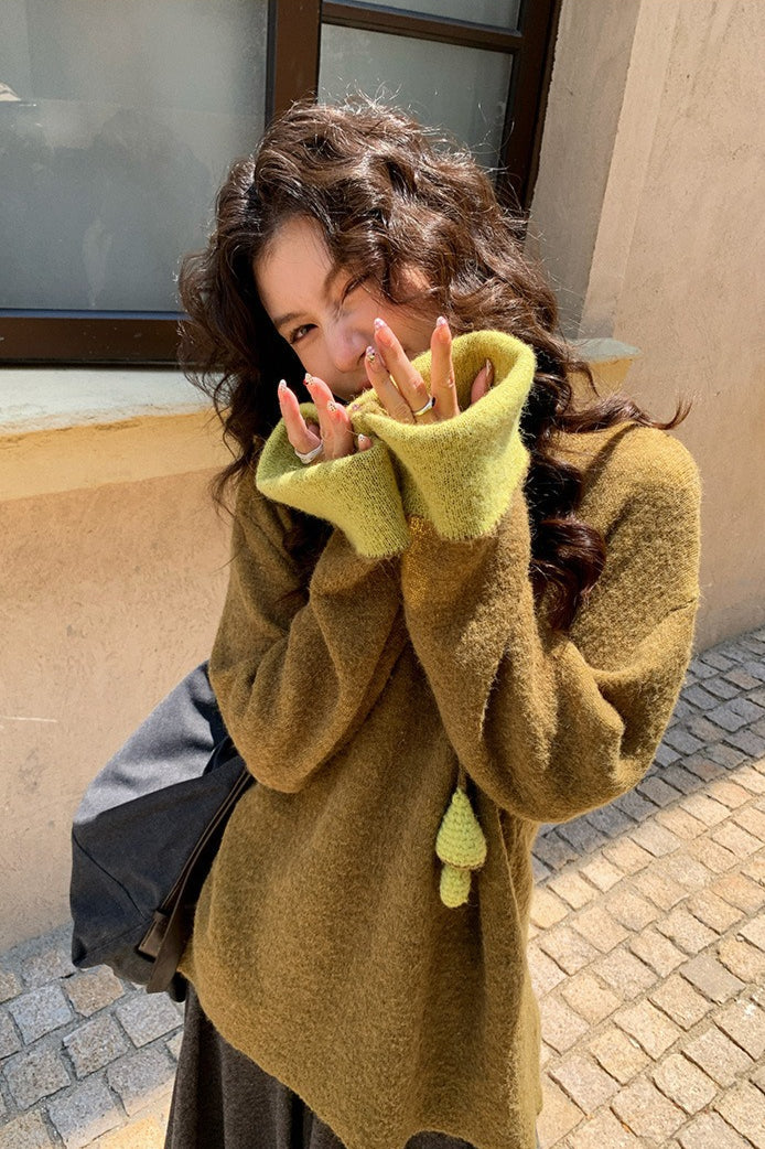 Color-block Mock Neck Loose Lazy-style Knit Sweater
