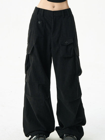Black Corduroy Cargo Pants With Multi Pockets