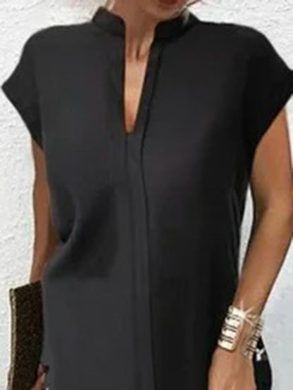 Loose Short Sleeves Color Split-joint V-neck Mini Dresses Short Dresses