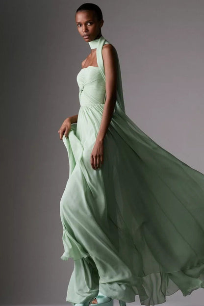 Bow Ruched Strapless Sash Maxi Dress