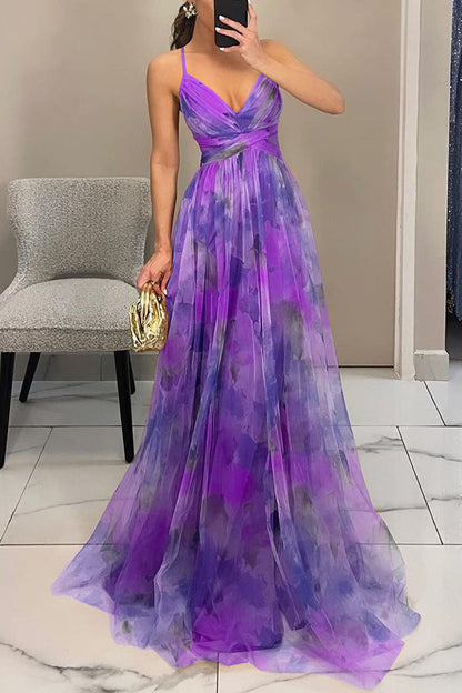 ' Summer Princess Chiffon Printed Hollow Waist and Back Lace Up Long Dress