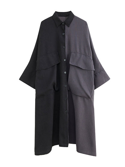 Long Sleeves Loose Buttoned Contrast Color Split-joint Lapel Collar Midi Dresses