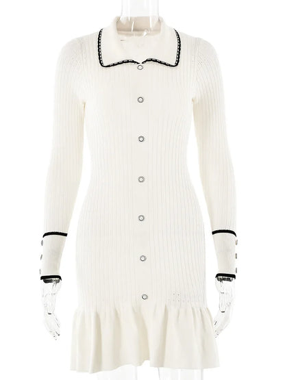 Knitted Sweater Button Elastic Slim Dress Lotus Leaf Edge Bodycon Long Sleeve Fall New Female Vestido