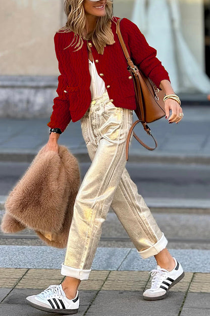 Color V-neck Long-sleeved Loose Pocket Knit Cardigan