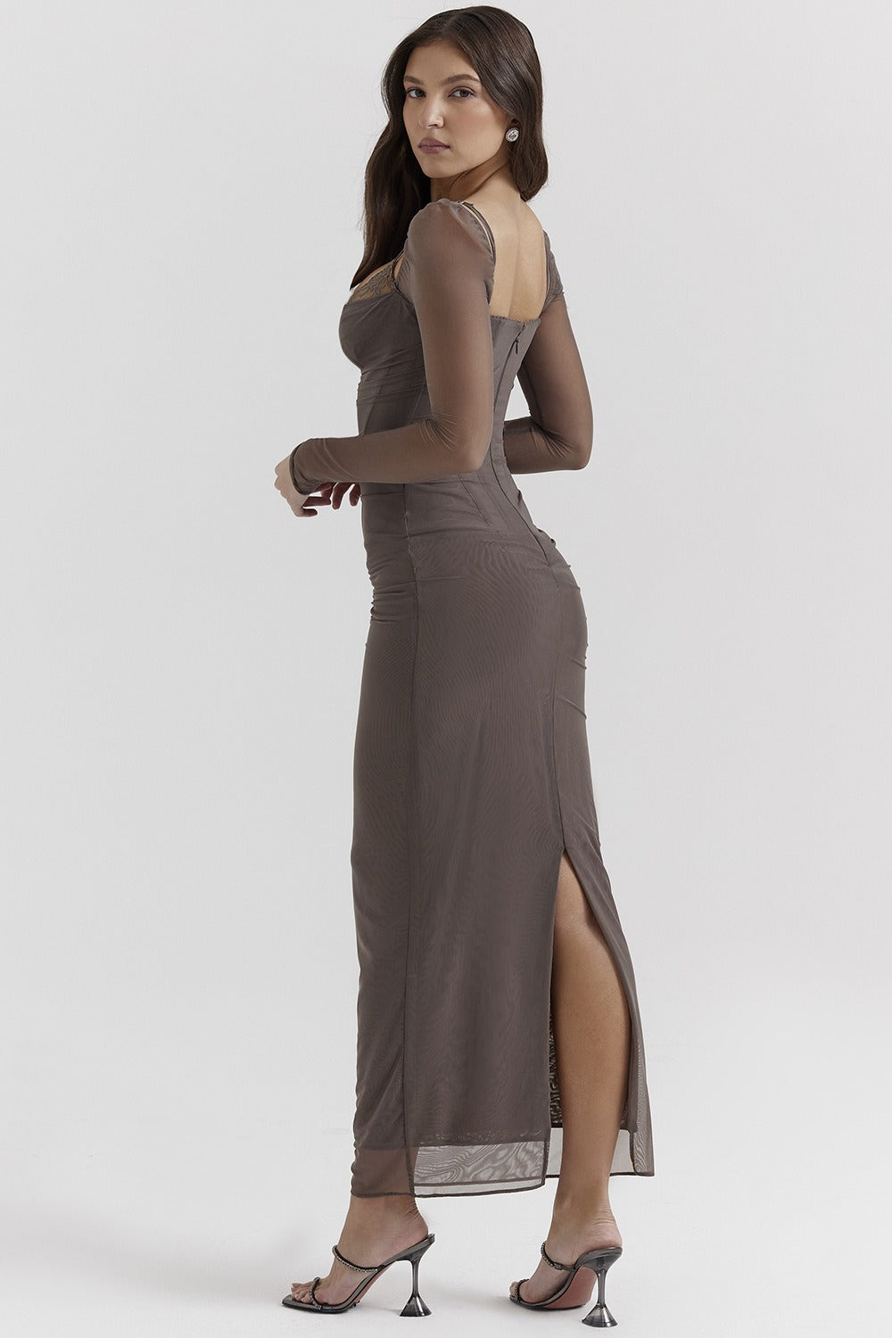 Mesh Lace Patchwork Boned Fitted High Slit Maxi Dress