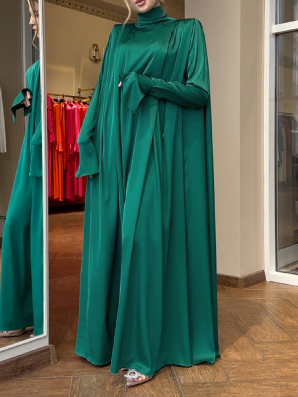 Flared Sleeves Long Sleeves Color High-neck Maxi Dresses