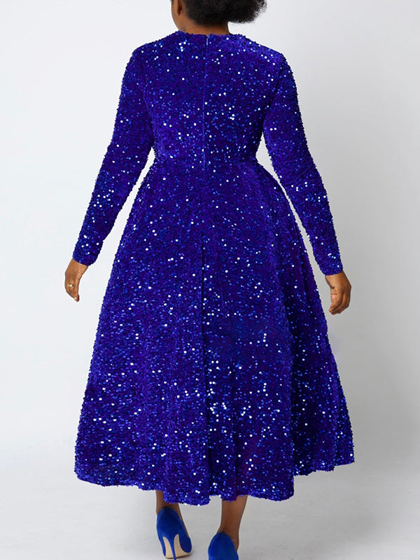 A-line High Waisted Sequined Split-joint Zipper Round-neck Maxi Dresses
