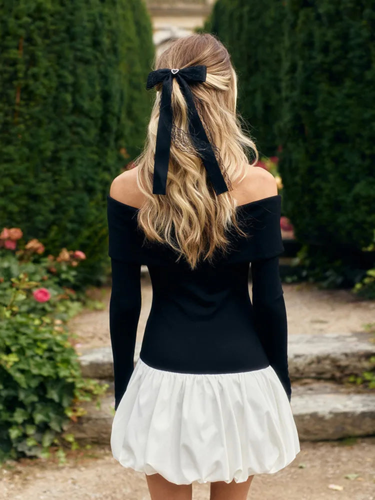 Off-shoulder Long Sleeve Mini Dress for Contrast Color Patchwork Strapless Backless A-line Dress