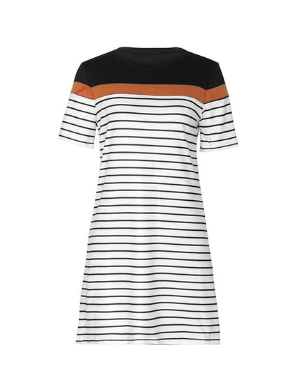 Loose Short Sleeves Contrast Color Striped Round-neck Mini Dresses