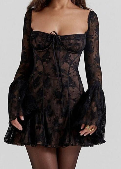 Self-tie Lace Long Sleeve Dress - Vibrant Red