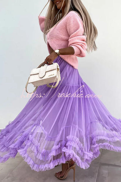 Tulle Stretch Waist Paneled Pleated Maxi Skirt
