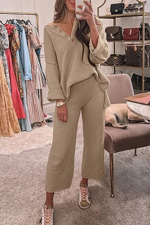 Heather Hailey Color Button V Neck Top and Pant Two Piece Set
