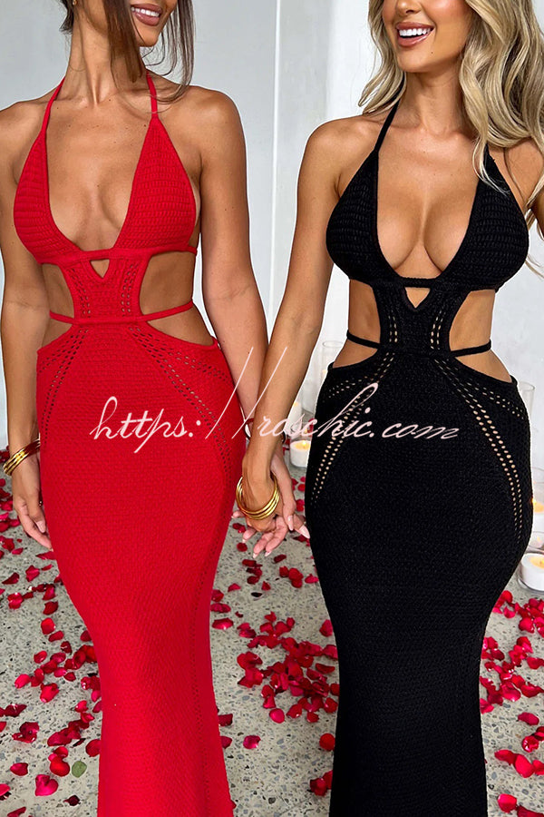 Effortlessly Cool and Knit Crochet Cutout Halter Tie-up Stretch Maxi Dress