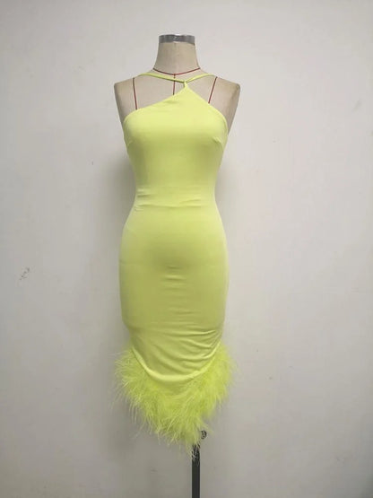 Spaghetti Strap Feather Midi Dress for Robe Backless Bodycon Club Party Dress Vestido