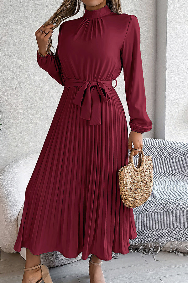 Stand-collar Long-sleeve Waisted Tie-up Pleated Midi Dress