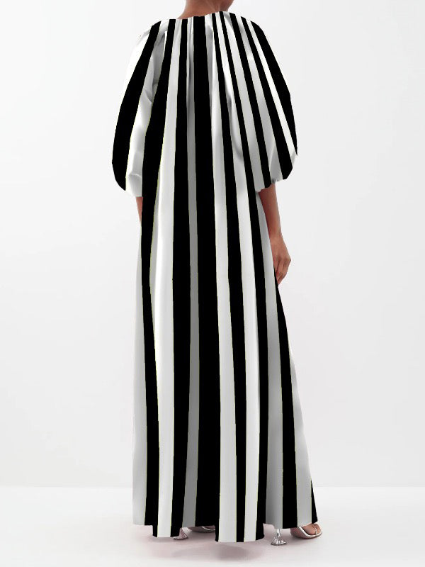 Puff Sleeves Three-quarter Sleeves Striped V-neck Maxi Dresses