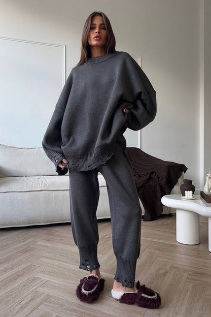 Distressed Knit Crew Neck Sweater Two Piece Set