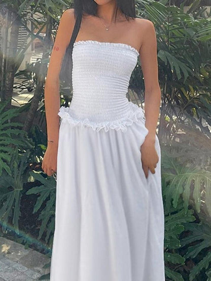 White Off Shoulder Shirred Tube Maxi Dress