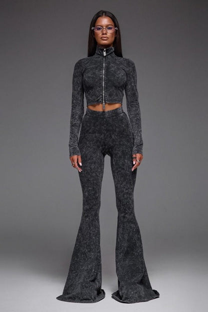 Zip Front Crop Top Flared Pants Set