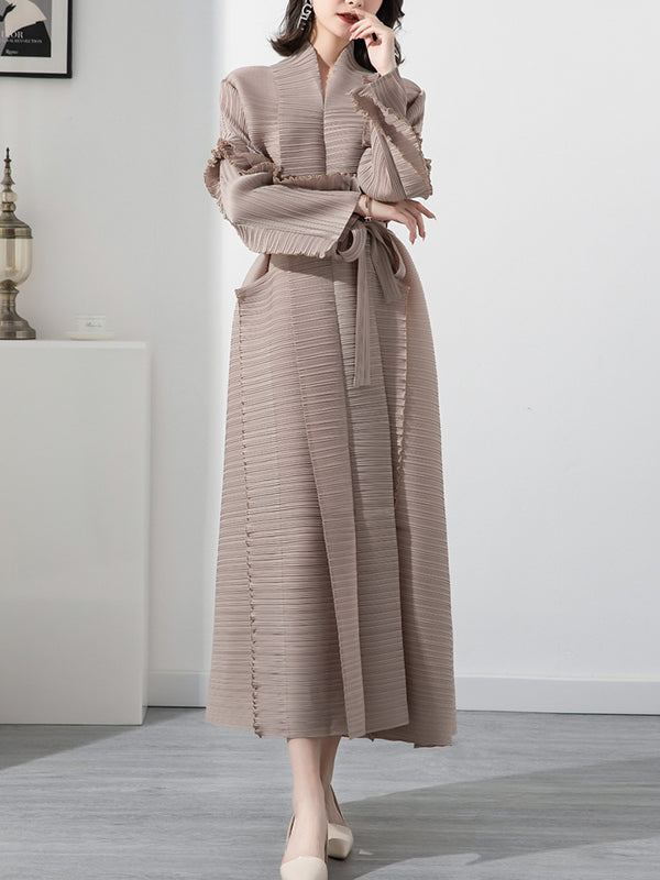 Long Sleeves Loose Tied Pleated Stand Collar Midi Dresses