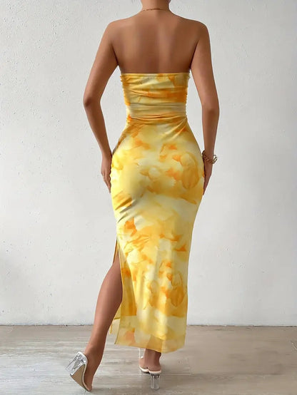 Yellow Print Off Shoulder Backless Split Bodycon Tube Maxi Dress
