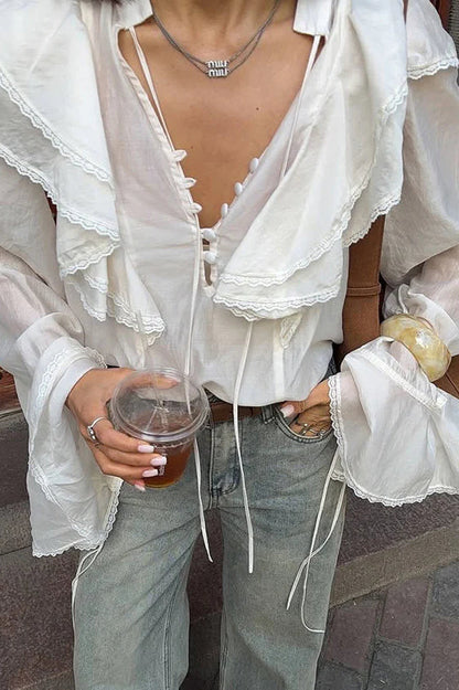 V-neck Tie Lace Trim Blouse