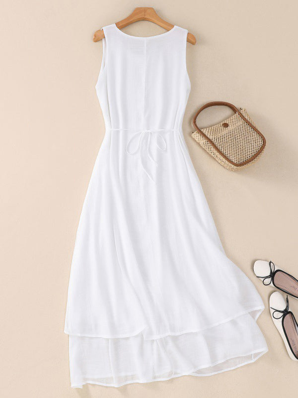 A-line Loose Double Layered Color Tied Waist Round-neck Midi Dresses