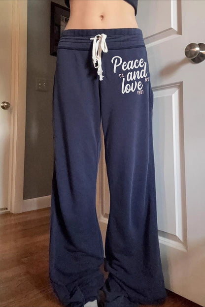 Contrast Letter Print Elastic Loose Straight Pants