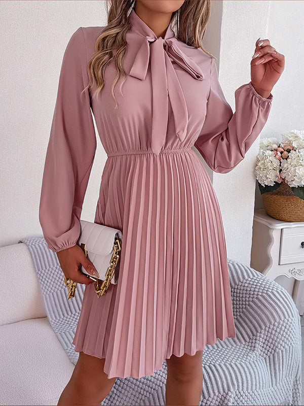 Long Sleeves Loose Pleated Color Tied Mock Neck Mini Dresses