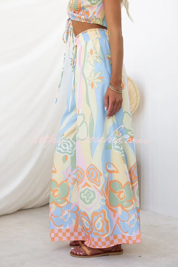 It's Your Vacation Print Elastic Drawstring Waist Pocket Wide Leg Pants