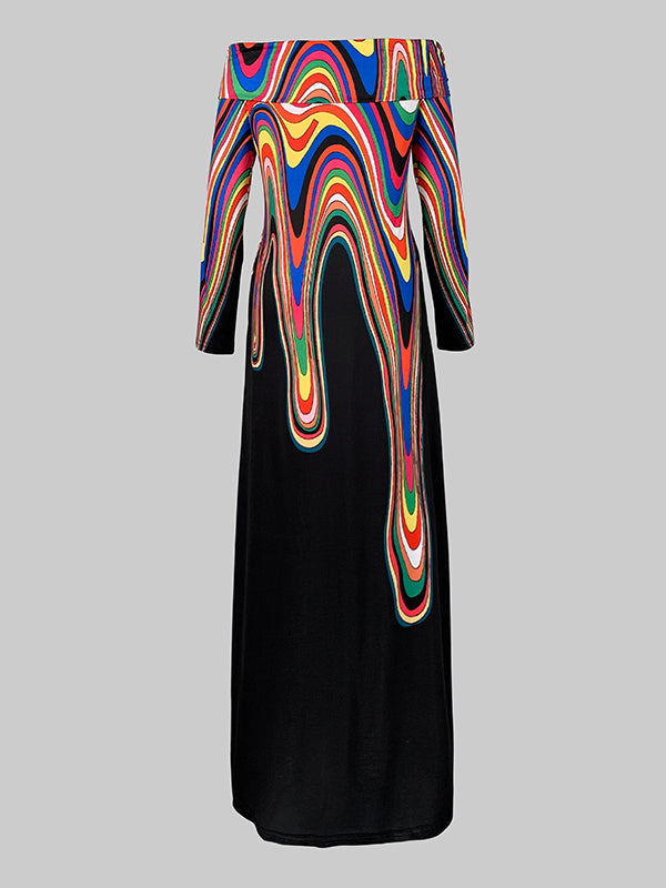 Long Sleeves Colorful Contrast Color Printed Off-the-shoulder Maxi Dresses