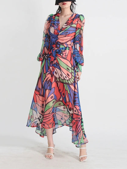High Waisted Long Sleeves Buttoned Printed Split-joint V-neck Midi Dresses