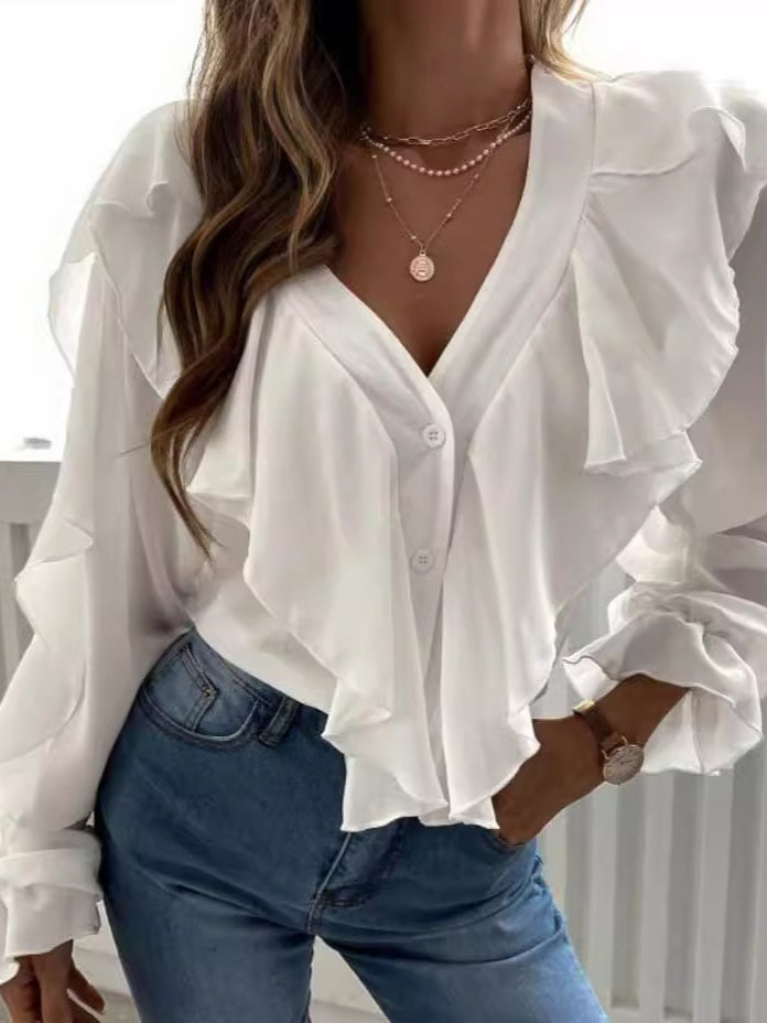 Ruffled V-neck Long Sleeve Blouse