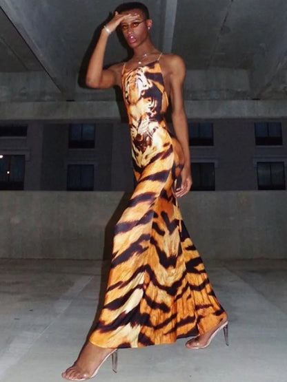 Print Backless Tie Slim Fit ’s Dress Spaghetti Strap Tiger Print Maxi Dress Party Vestidos