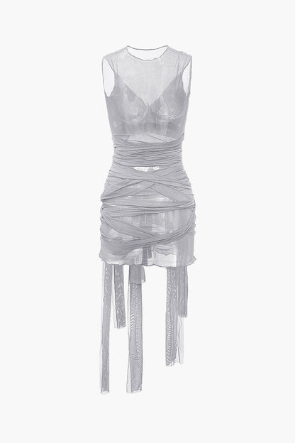 Color Sheer Mesh Wrap Tie Ribbon Mini Dress