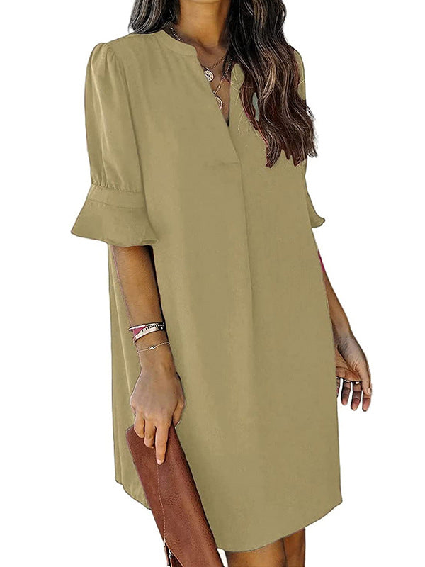 A-line Flared Sleeves Pleated Ruffled Color Split-joint V-neck Mini Dresses