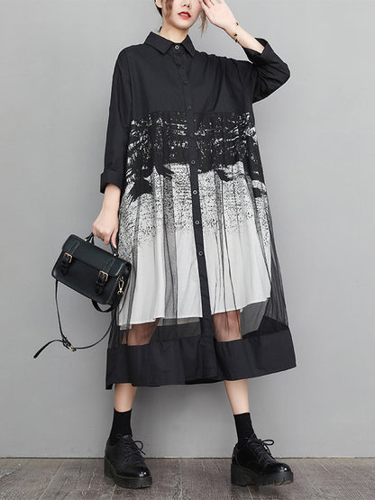 A-line Long Sleeves Buttoned Gauze Printed Split-joint Lapel Midi Dresses