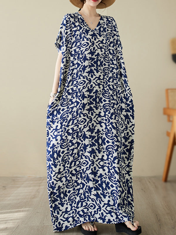 Batwing Sleeves Loose Printed V-neck Maxi Dresses